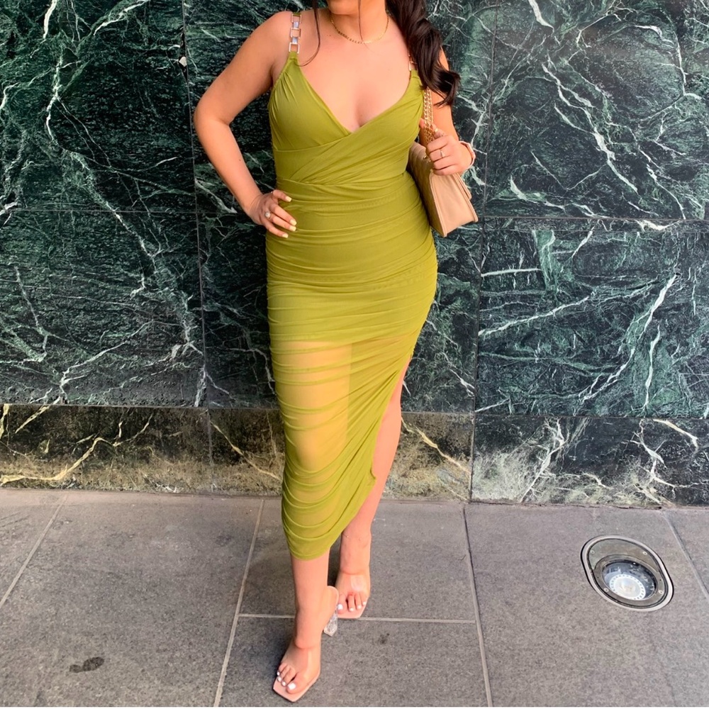 AKIRA Green Bodycon Dress with Plunge Neckline for Night Out